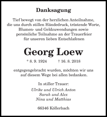Traueranzeige von Georg Loew von saarbruecker_zeitung