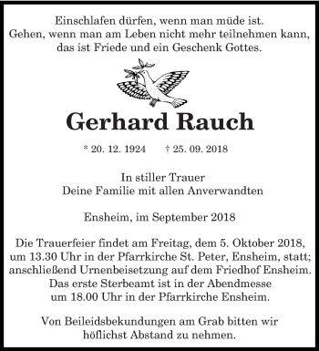 Traueranzeige von Gerhard Rauch von saarbruecker_zeitung