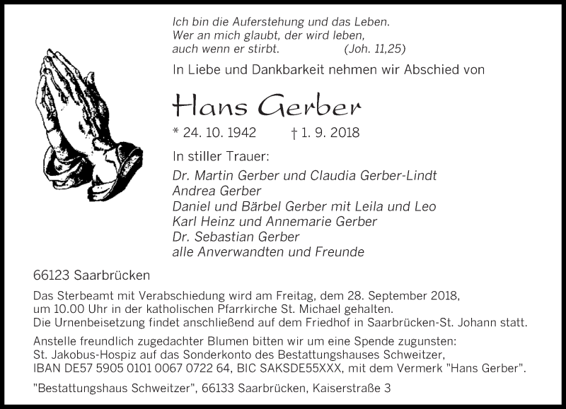  Traueranzeige für Hans Gerber vom 08.09.2018 aus saarbruecker_zeitung