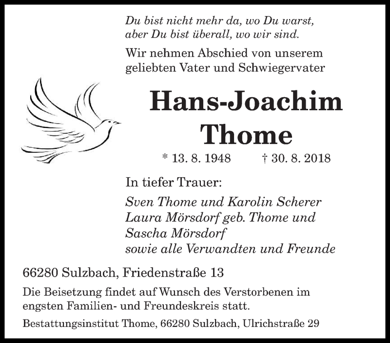  Traueranzeige für Hans-Joachim Thome vom 08.09.2018 aus saarbruecker_zeitung