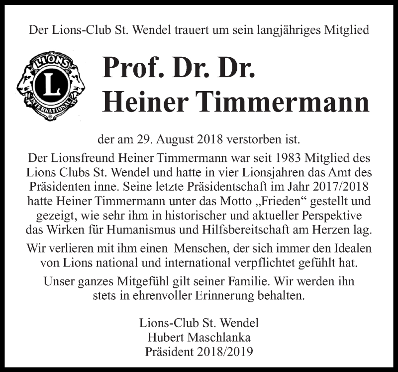  Traueranzeige für Heiner Timmermann vom 05.09.2018 aus saarbruecker_zeitung