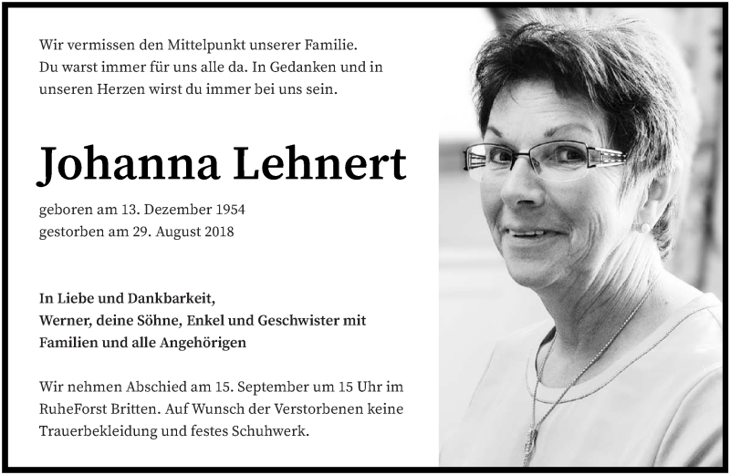  Traueranzeige für Johanna Lehnert vom 12.09.2018 aus saarbruecker_zeitung