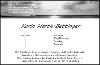 Traueranzeige von Karin Harth-Bettinger von saarbruecker_zeitung