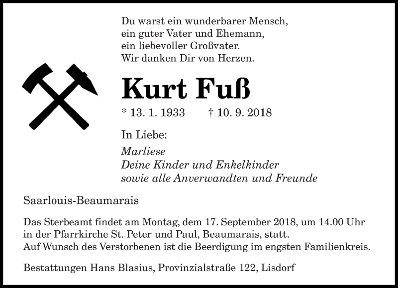  Traueranzeige für Kurt Fuß vom 14.09.2018 aus saarbruecker_zeitung