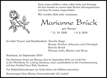 Traueranzeige von Marianne Brück von saarbruecker_zeitung