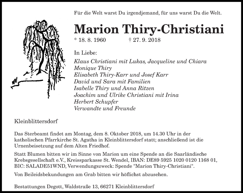  Traueranzeige für Marion Thiry-Christiani vom 29.09.2018 aus saarbruecker_zeitung