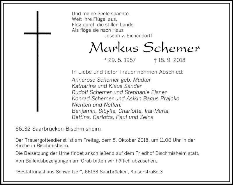  Traueranzeige für Markus Schemer vom 22.09.2018 aus saarbruecker_zeitung