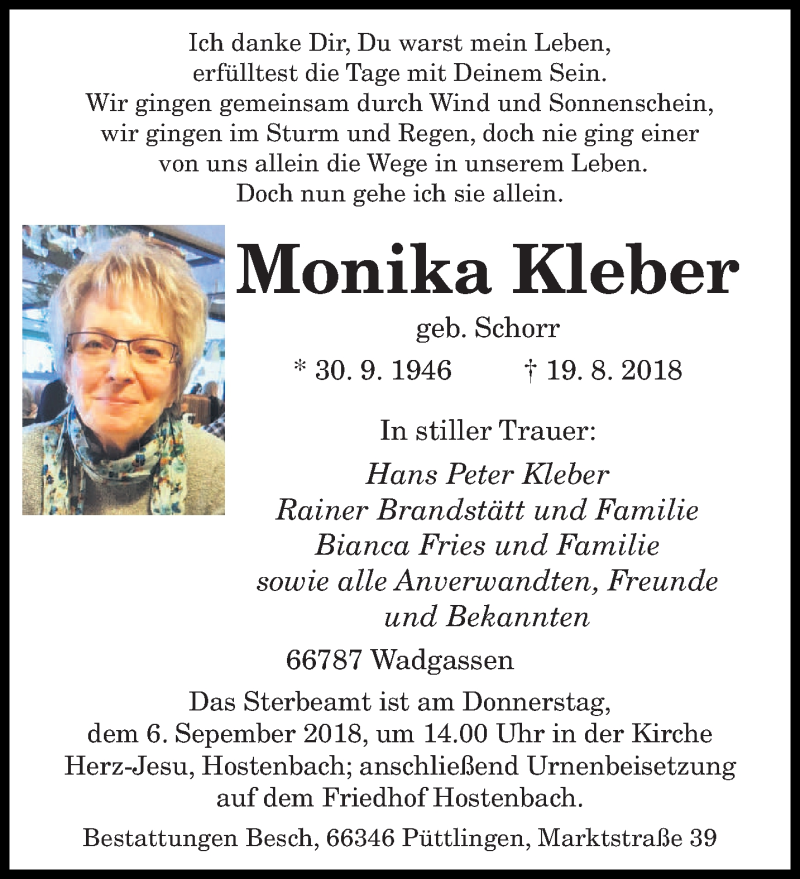  Traueranzeige für Monika Kleber vom 01.09.2018 aus saarbruecker_zeitung