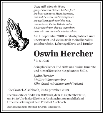 Traueranzeige von Oswin Hercher von saarbruecker_zeitung