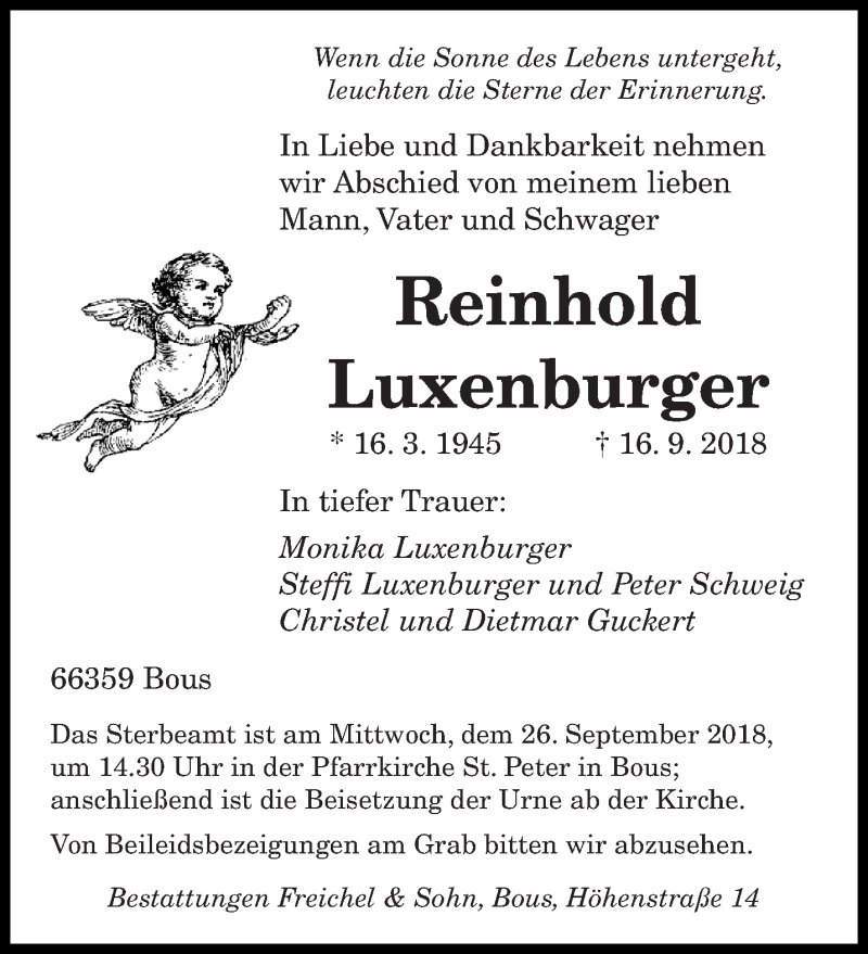  Traueranzeige für Reinhold Luxenburger vom 22.09.2018 aus saarbruecker_zeitung