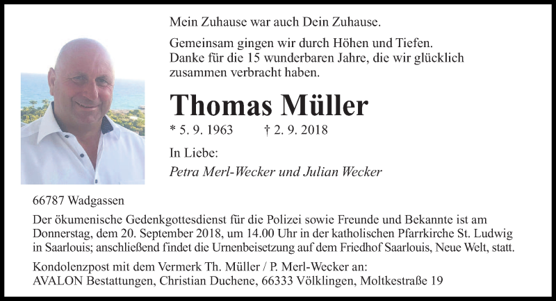  Traueranzeige für Thomas Müller vom 14.09.2018 aus saarbruecker_zeitung