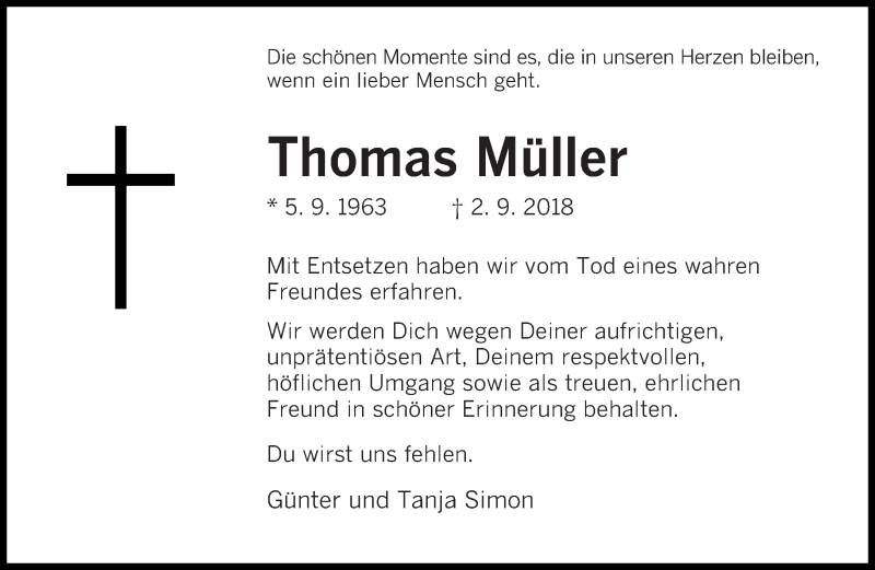  Traueranzeige für Thomas Müller vom 15.09.2018 aus saarbruecker_zeitung