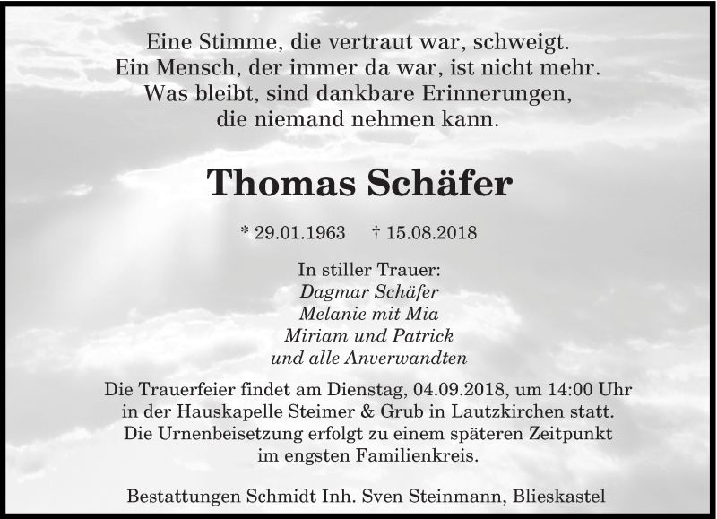  Traueranzeige für Thomas Schäfer vom 31.08.2018 aus saarbruecker_zeitung