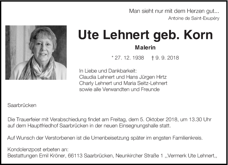  Traueranzeige für Ute Lehnert vom 15.09.2018 aus saarbruecker_zeitung