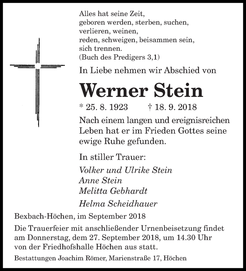  Traueranzeige für Werner Stein vom 22.09.2018 aus saarbruecker_zeitung