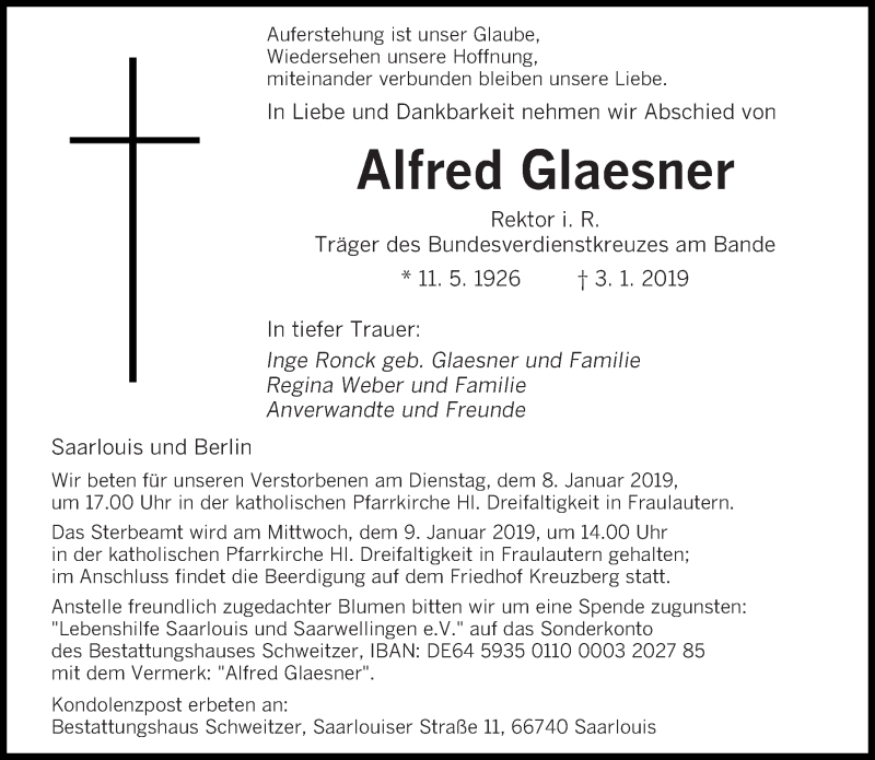  Traueranzeige für Alfred Glaesner vom 05.01.2019 aus saarbruecker_zeitung