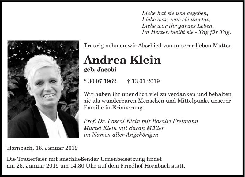  Traueranzeige für Andrea Klein vom 18.01.2019 aus saarbruecker_zeitung