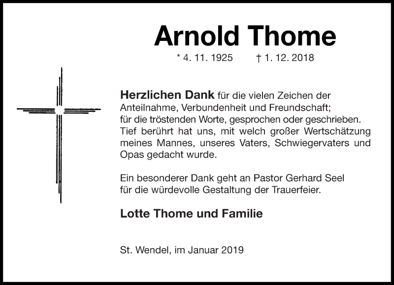  Traueranzeige für Arnold Thome vom 12.01.2019 aus saarbruecker_zeitung