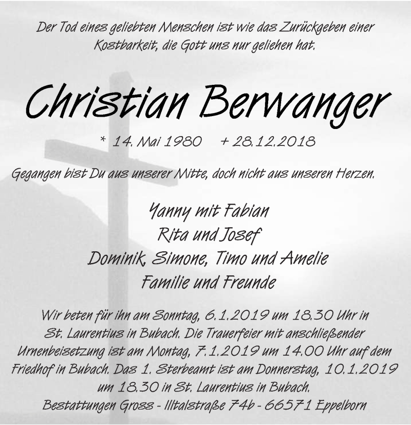  Traueranzeige für Christian Berwanger vom 03.01.2019 aus saarbruecker_zeitung