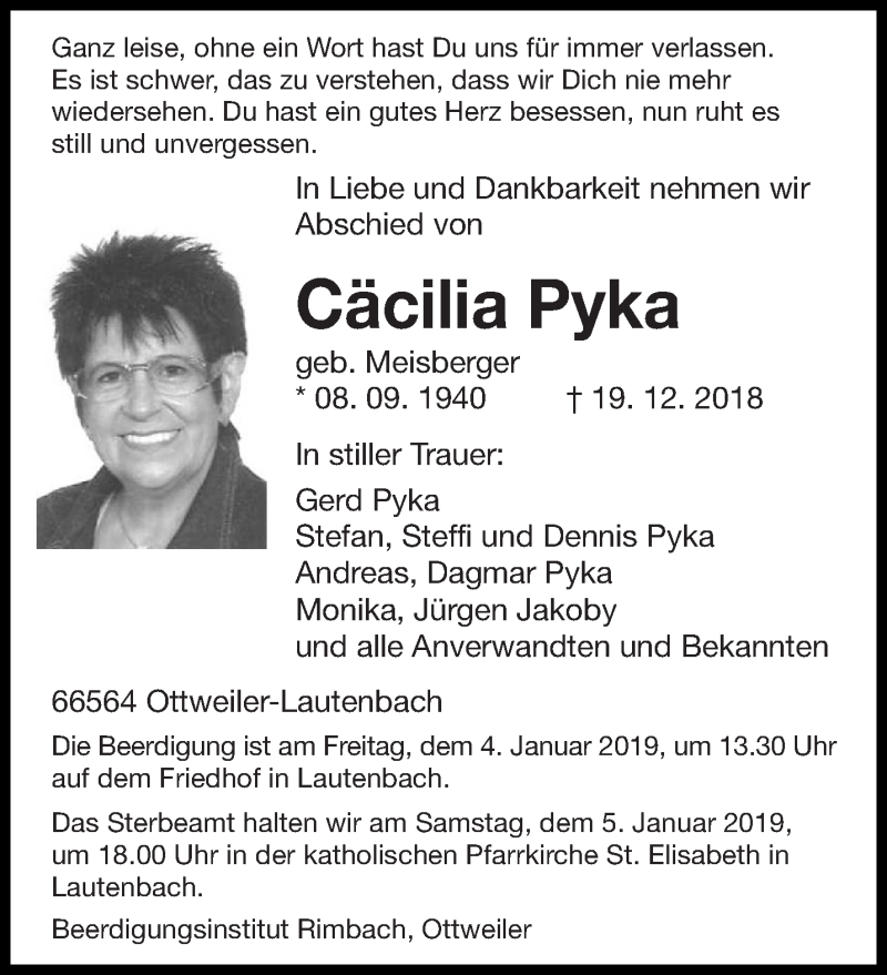  Traueranzeige für Cäcilia Pyka vom 02.01.2019 aus saarbruecker_zeitung