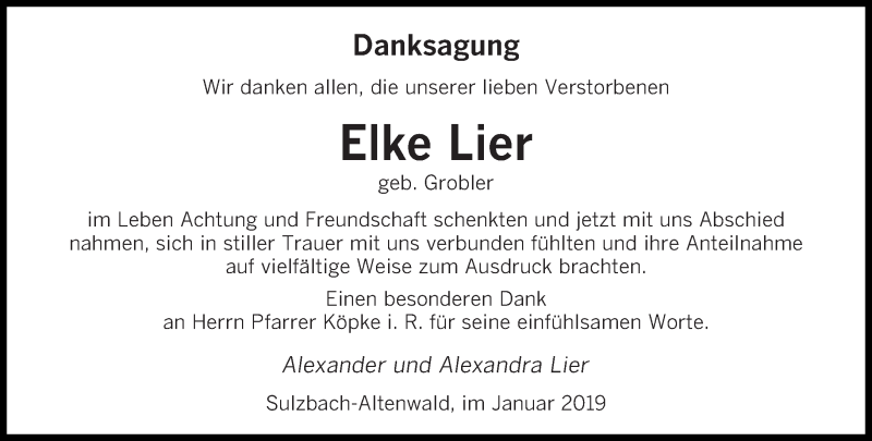  Traueranzeige für Elke Lier vom 05.01.2019 aus saarbruecker_zeitung
