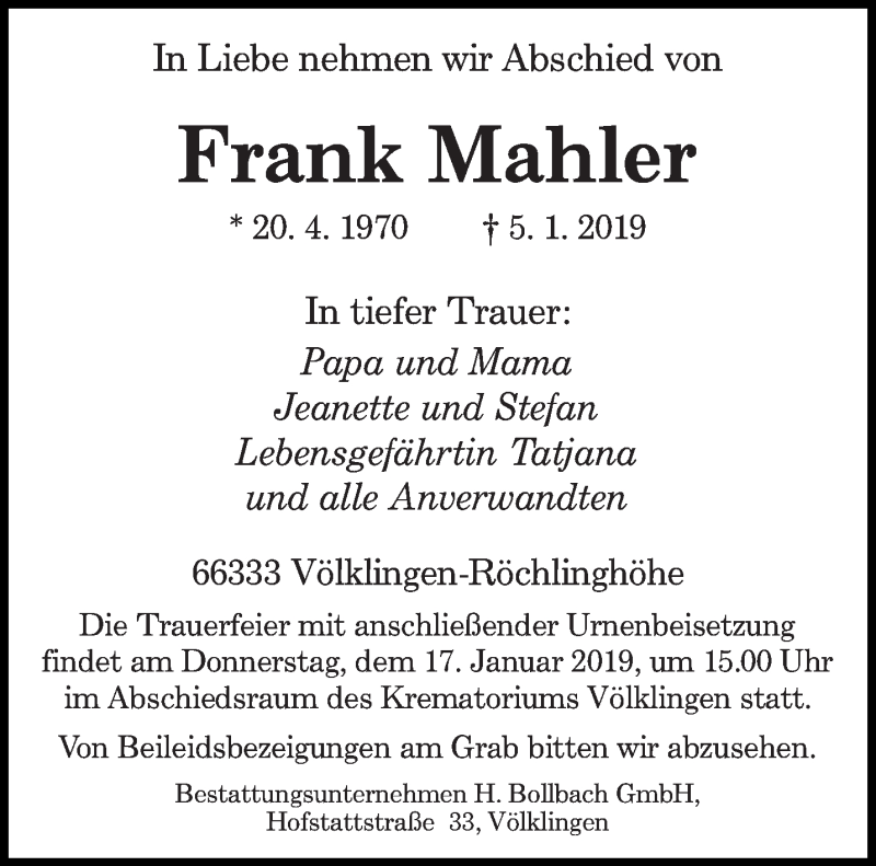  Traueranzeige für Frank Mahler vom 12.01.2019 aus saarbruecker_zeitung