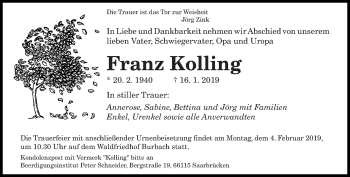 Traueranzeige von Franz Kolling von saarbruecker_zeitung