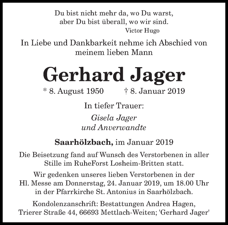  Traueranzeige für Gerhard Jager vom 22.01.2019 aus saarbruecker_zeitung