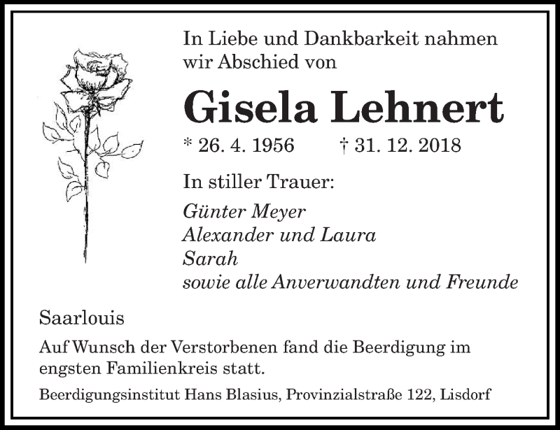 Traueranzeigen Von Gisela Lehnert Saarbruecker Zeitung Trauer De