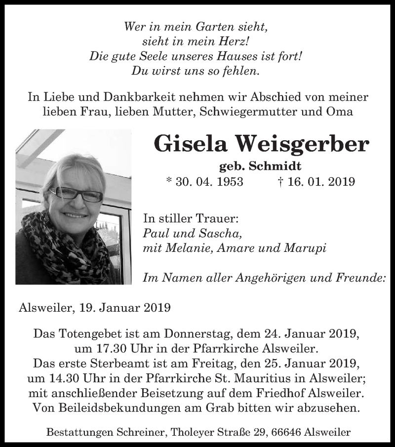  Traueranzeige für Gisela Weisgerber vom 22.01.2019 aus saarbruecker_zeitung