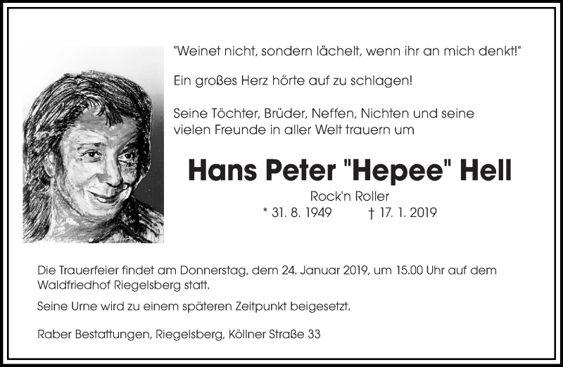  Traueranzeige für Hans Peter Hell vom 22.01.2019 aus saarbruecker_zeitung