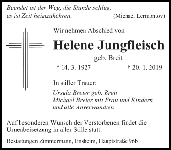 Traueranzeige von Helene Jungfleisch von saarbruecker_zeitung