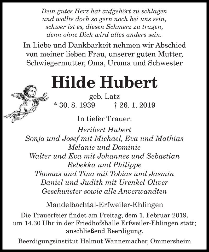  Traueranzeige für Hilde Hubert vom 30.01.2019 aus saarbruecker_zeitung