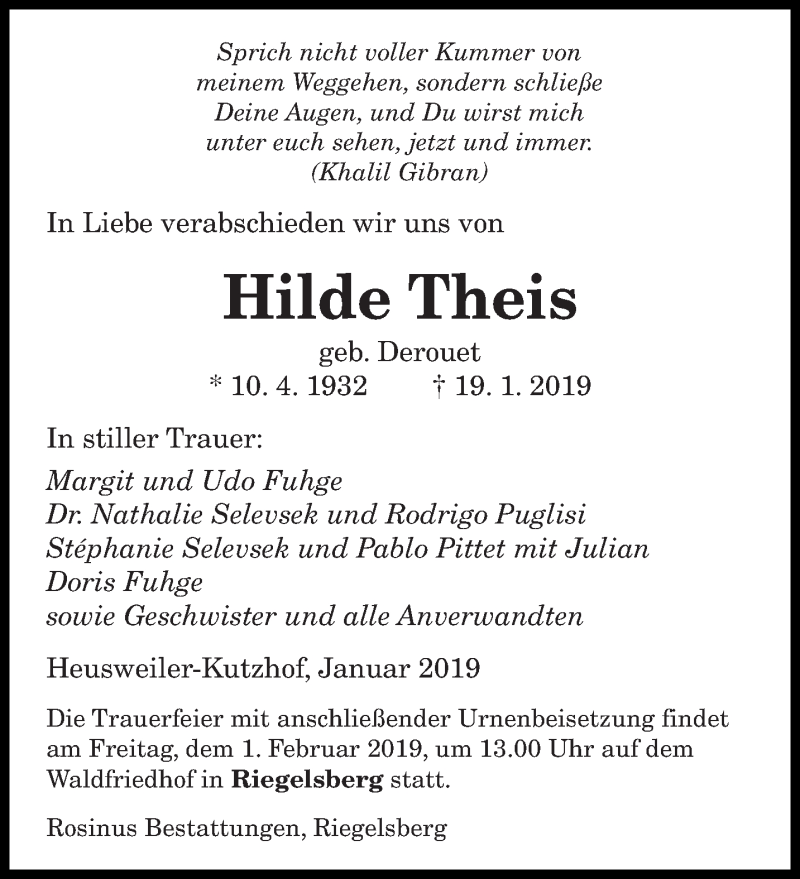  Traueranzeige für Hilde Theis vom 28.01.2019 aus saarbruecker_zeitung