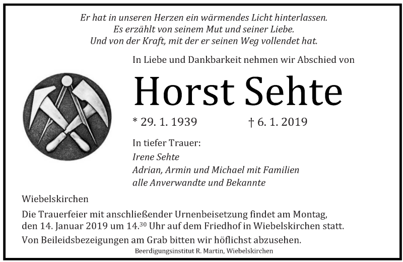  Traueranzeige für Horst Sehte vom 11.01.2019 aus saarbruecker_zeitung