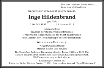 Traueranzeige von Inge Hildenbrand von saarbruecker_zeitung