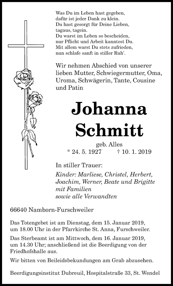  Traueranzeige für Johanna Schmitt vom 12.01.2019 aus saarbruecker_zeitung