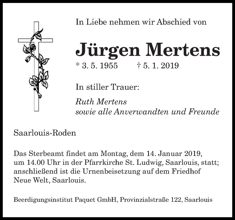  Traueranzeige für Jürgen Mertens vom 10.01.2019 aus saarbruecker_zeitung