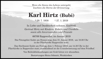 Traueranzeige von Karl Hirtz  von saarbruecker_zeitung