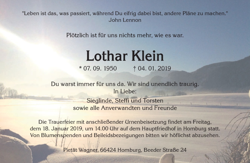  Traueranzeige für Lothar Klein vom 12.01.2019 aus saarbruecker_zeitung