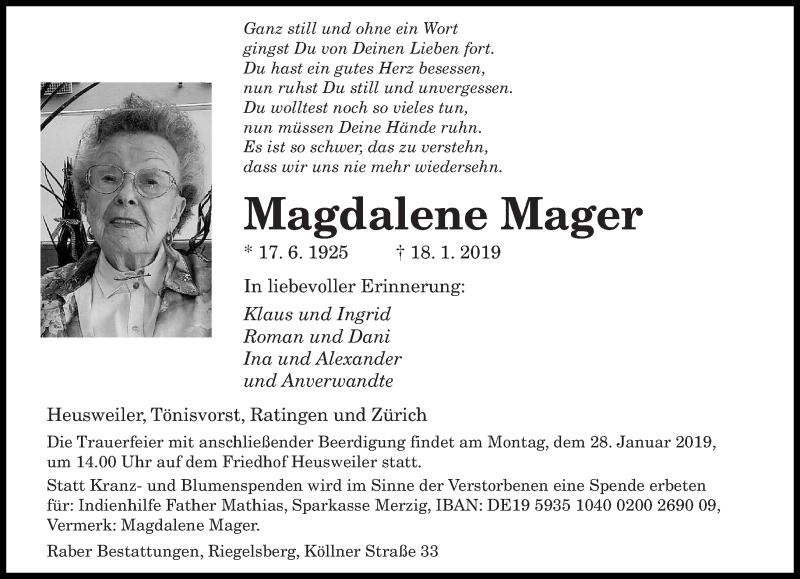  Traueranzeige für Magdalene Mager vom 23.01.2019 aus saarbruecker_zeitung