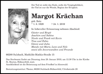 Traueranzeige von Margot Krächan von saarbruecker_zeitung