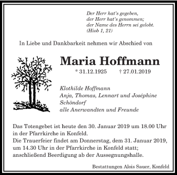 Traueranzeige von Maria Hoffmann von saarbruecker_zeitung