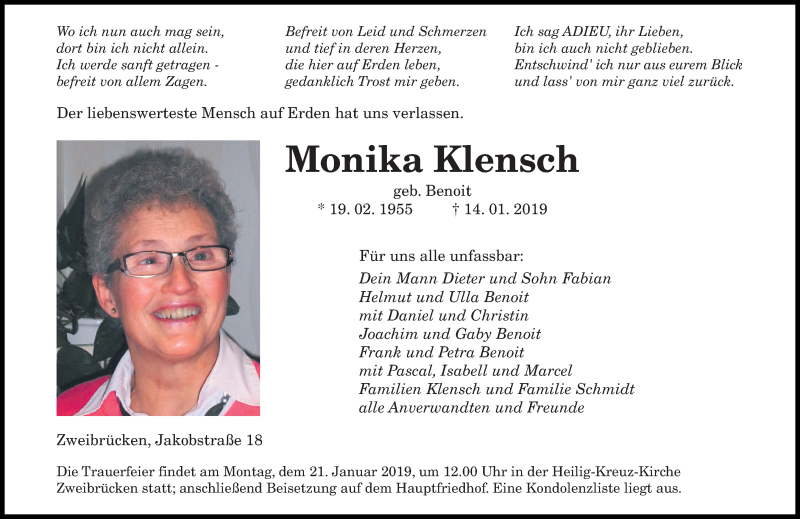  Traueranzeige für Monika Klensch vom 18.01.2019 aus saarbruecker_zeitung