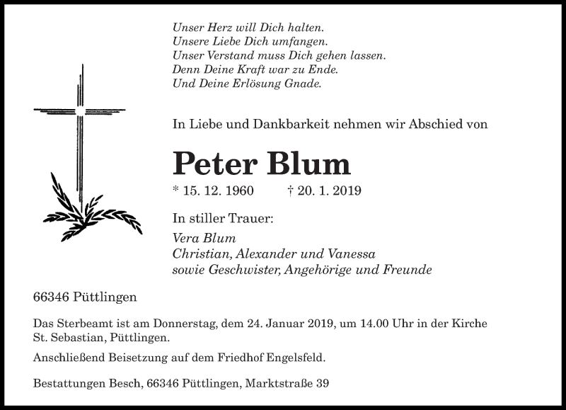  Traueranzeige für Peter Blum vom 23.01.2019 aus saarbruecker_zeitung