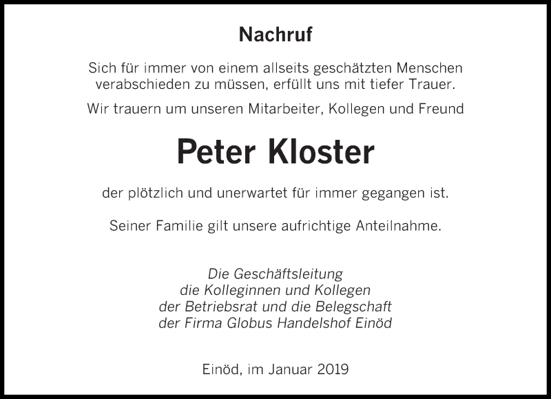  Traueranzeige für Peter Kloster vom 09.01.2019 aus saarbruecker_zeitung