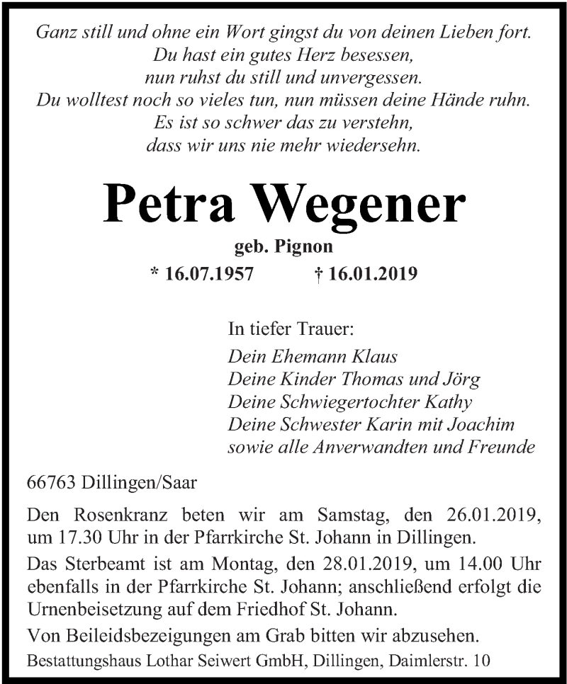 Traueranzeige für Petra Wegener vom 19.01.2019 aus saarbruecker_zeitung