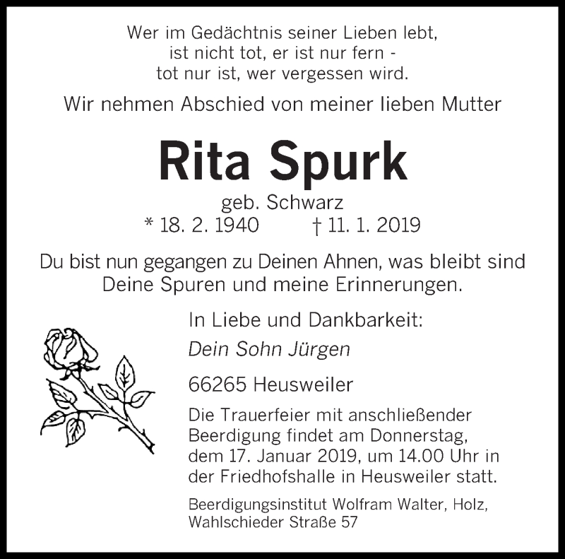  Traueranzeige für Rita Spurk vom 16.01.2019 aus saarbruecker_zeitung