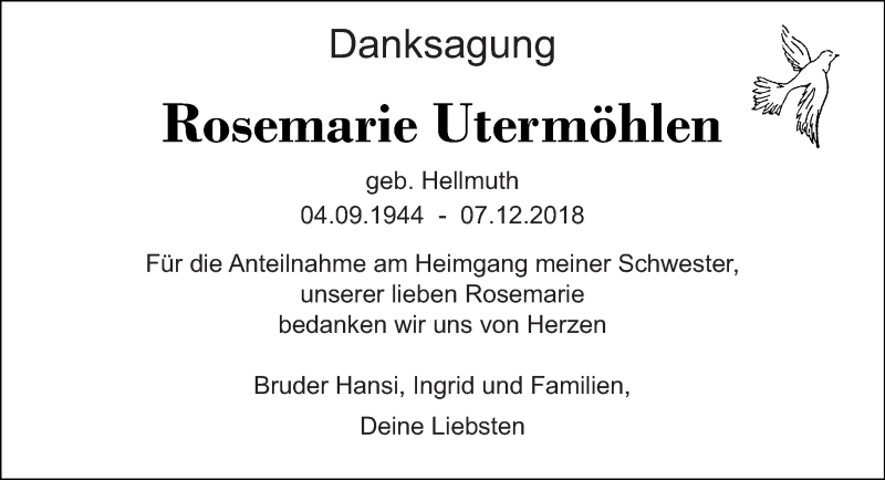  Traueranzeige für Rosemarie Utermöhlen vom 05.01.2019 aus saarbruecker_zeitung