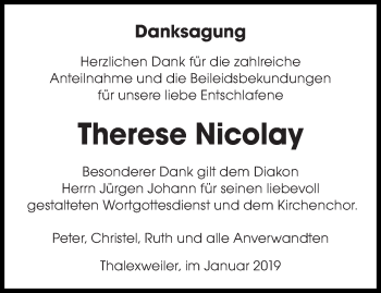 Traueranzeige von Therese Nicolay von saarbruecker_zeitung